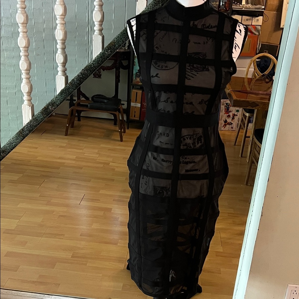 Gracia Black Sheer Grid-Panel Midi Dress
